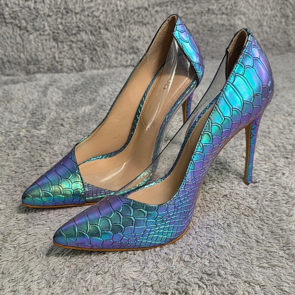 Aldo Shoes - Aldo Stiletto Pumps Iridescent Blue Green Snakeskin Clear PVC Womens Size 7